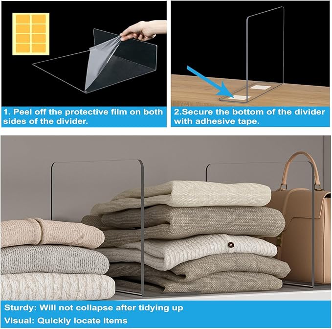 OKPOW Shelf Dividers Closet Organizer - 7.5" Tall X 11.8" Deep Acrylic Clear Sturdy Separate for Clothes Purse - Adjustable S