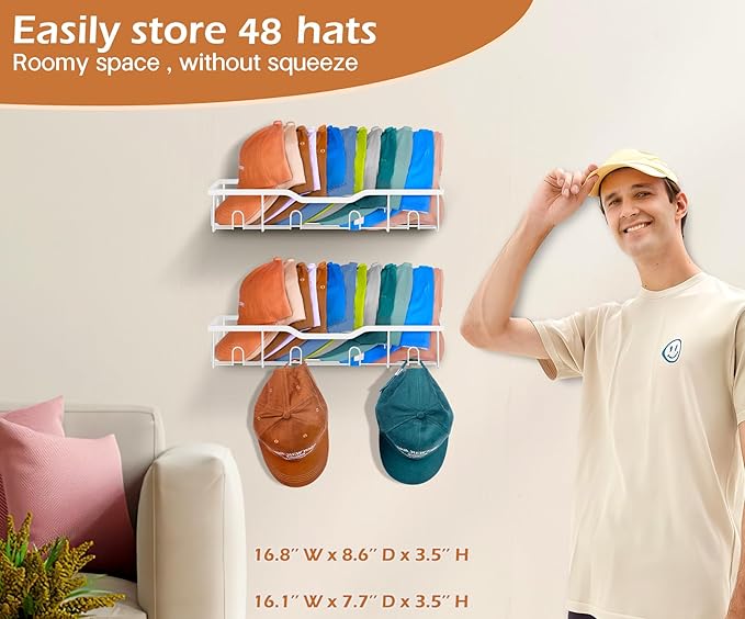 KEETDY Metal Hat Racks for Baseball Caps Wall Hat Organizer Fit 20 Caps Holder, 2 Packs Sturdy Wall Mounted Hat Storage Organ