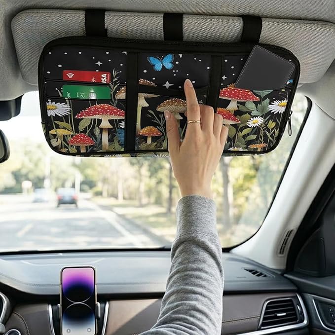 Mushroom Theme Sun Visor Organizer for Trucks,Card Sleeve Pocket with Multi-Pocket Zipper, Auto Interior Accessories Pocket Organizer