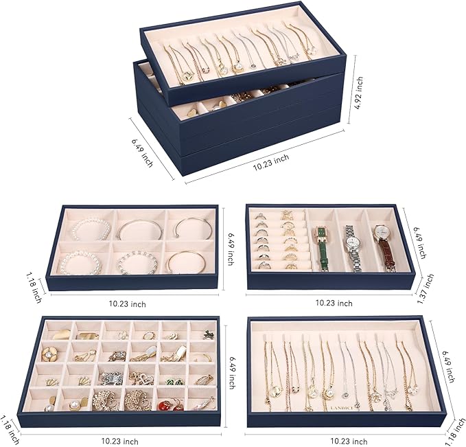 LANDICI Stackable Jewelry Organizer Trays 4 Set,PU Leather Jewelry Organizer Drawer,Jewelry Storage Display Tray for Earring 