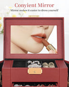 TORIBIO Jewelry Box for Women, Leather Jewelry Organizer with Mirror & Lock, 3-Tier Jewelry Storage Organizer with 2 Drawers 