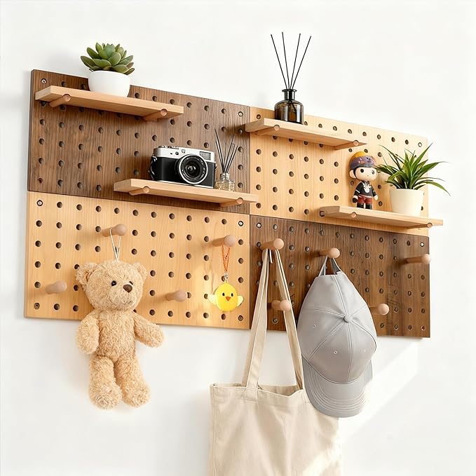 Brown & Beige Wood Pegboard Modular Display Wooden Pegboard Combination Wall Organizer Storage Wall Hooks Shelf for Home, Off