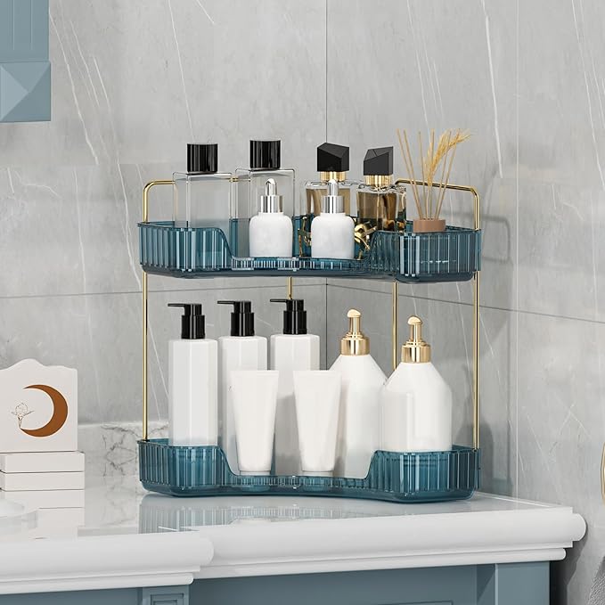 Corner Bathroom Counter Organizer Bathroom Countertop Shelf Makeup Organizer for Vanity Perfume Tray for Corner Storage (2 Ti