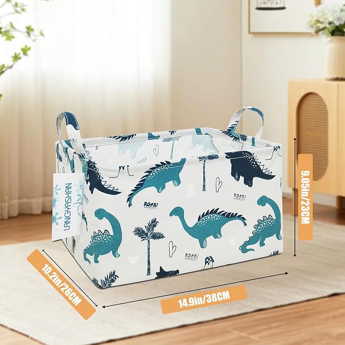 LANGYASHAN Rectangular Storage Bin Collapse Canvas Fabric Cartoon Storage Basket with Handles for Organizing Home Kitchen Boy
