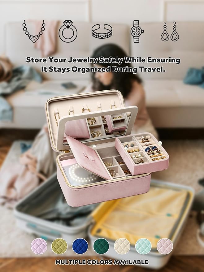 Velvet Travel Jewelry Box with Large Mirror, Double-Layer Jewelry Organizer Case for Women and Girls, Portable Storage Case w
