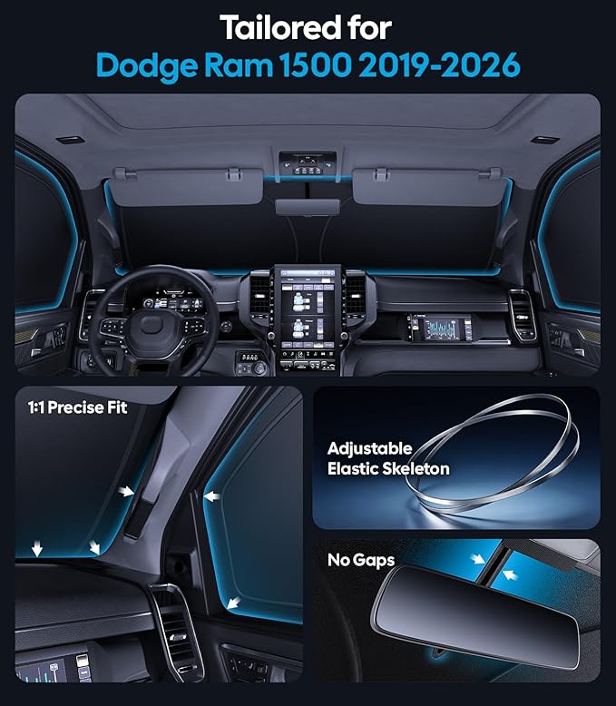 Wigoo 2026 Upgrade 6PCS Full Set Window Sunshade for Dodge Ram 1500 2019-2026 [7-Layer Cooler & Blacker, Ice-Crystal Tech] with Windshield for Sun Block, Baby, Camping, Privacy Napping, Relax