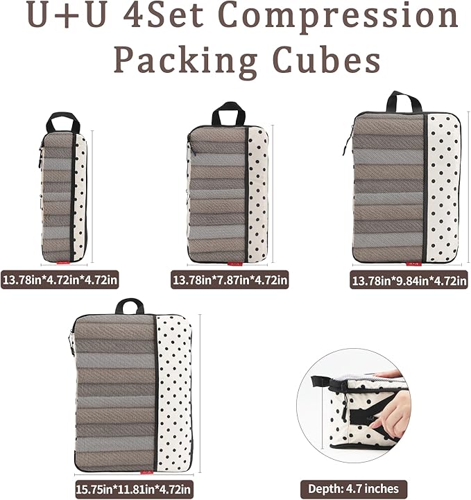 U+U 4 Set Compression Packing Cubes - Ultralight Travel Organizers, Space-Saving Suitcase Organizer, Expandable Packing Cubes