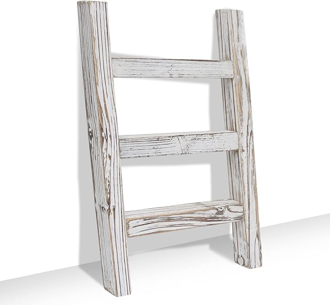 FUIN Wooden Tea Towel Ladder, Mini Ladder Towel Rack Display Hanger, Small Rustic Farmhouse Tea Towel Stand Holder for Countr