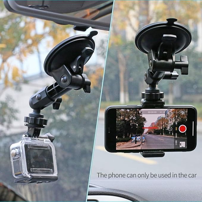SUREWO Suction Cup Car Mount for GoPro,Windshield Window Dashboard Holder with Phone Clip Compatible with GoPro Hero 13/12/11/10/9/8/7/6,DJI Osmo Action 5 pro/4/3 and Most Action Cameras