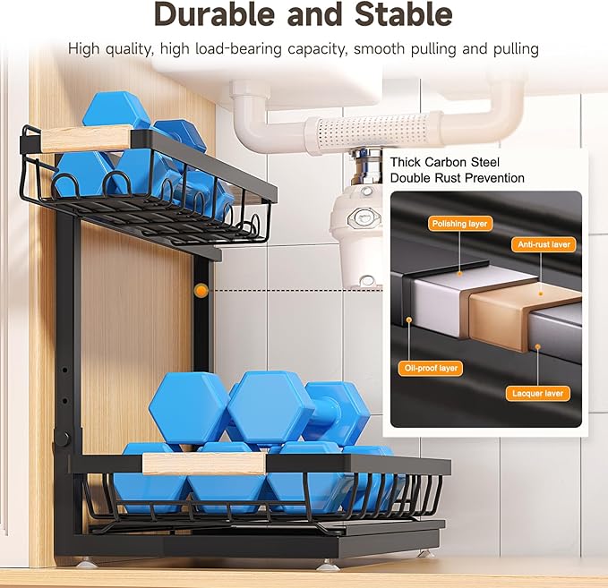 Sevenblue 2 Packs Under Sink Organizer, Height Adjustable 2 Tier Under Kitchen Sink Organizer, Multi-Purpose Storage Shelf fo