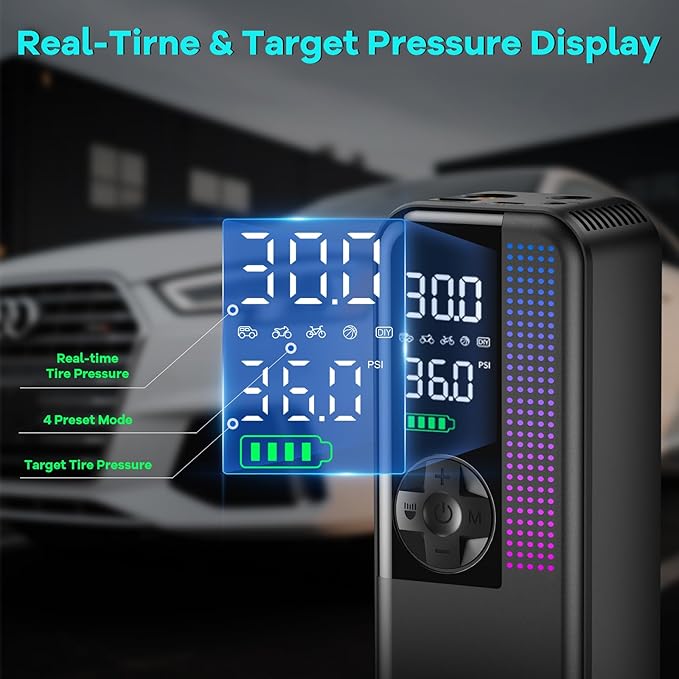 Tire Inflator Portable Air Compressor, 150 PSI Cordless Air Pump, Dual Power 6000mAh, 12V DC Car Plug, Fast Inflation 24L/Min, Auto Shut-Off, LED Light, 4 Preset Modes for Car, Bike, Motorcycle, Balls