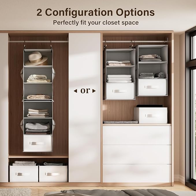 Pipishell 6-Shelf Hanging Closet Organizer with 2 Separable 3-Tier Shelves, 3 Drawers & Side Pockets Closet Organizers and St
