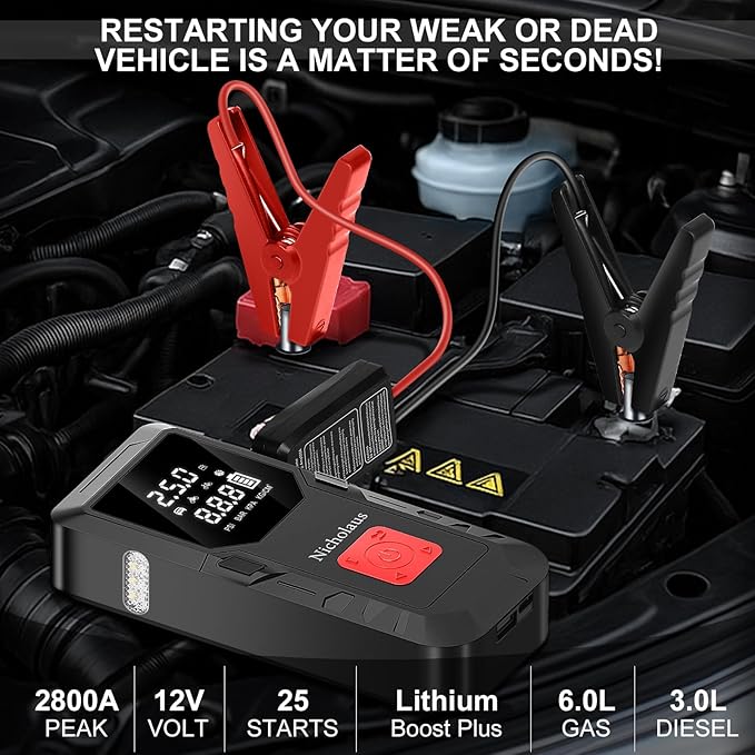 12 V Car 8000 mAh Battery Jump Starter 2800A with 150psI Air Compressor, Compact and Practical Edition QB08L Safe Smart,