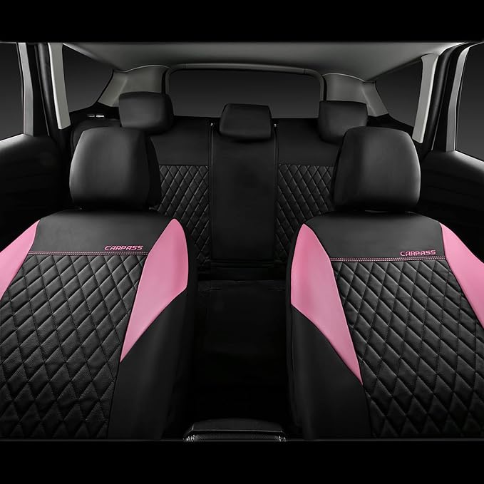 CAR PASS Pink Leather Seat Covers,Girly Quilting Pretty Cute Car Seat Cover with 5mm Composite Sponge Inside,Airbag Compatibl