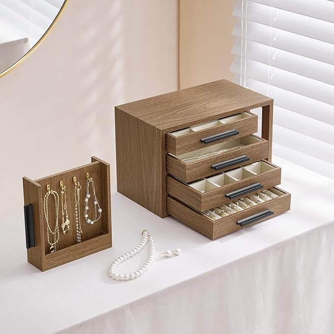 HOOBRO Jewelry Box for Women, Wooden Jewelry Organizer with Transparent Window, 4-Layer Jewelry Organizer Box, Jewelry Holder