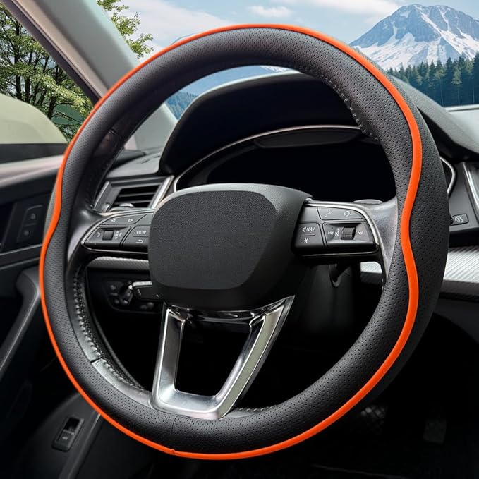HAOTULE Leather Steering Wheel Cover， with Anti-Slip Stripe Design - Enhanced Grip, Fashion Style, Safe, Non-Slip, Breathable