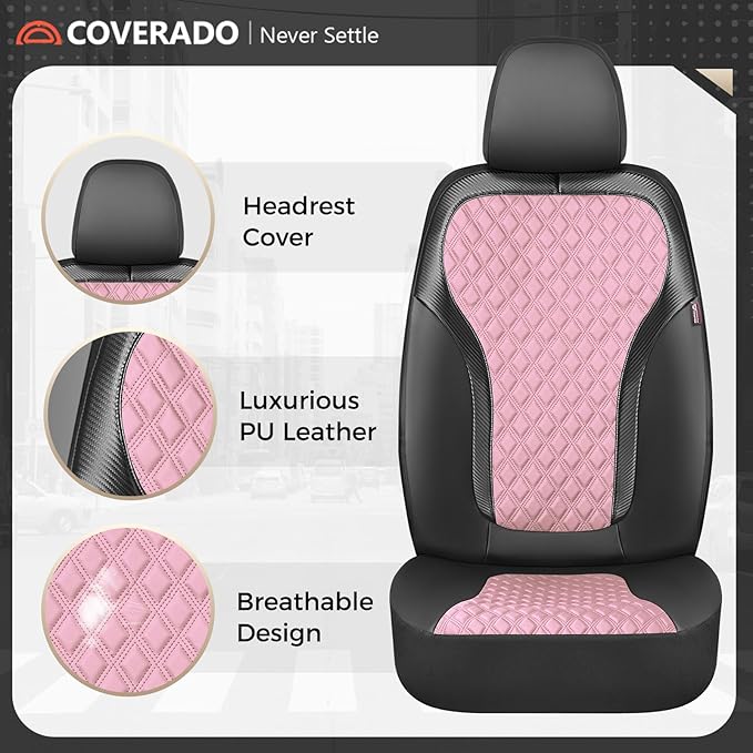 Coverado Car Seat Cover 5 Seats, Leather Seat Covers Full Set, Durable Waterproof Car Seat Protectors, Black and Pink Seat Co