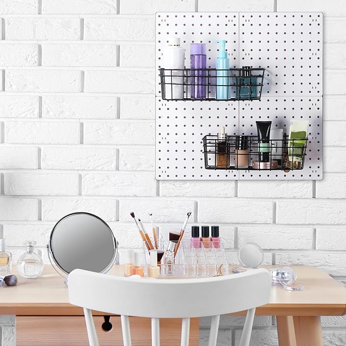 Sieral 4 Pcs Large Pegboard Baskets Set 12 x 6.5 x 4 Inch Black Metal Wire Baskets Peg Board Organizer Accessories Wall Mount