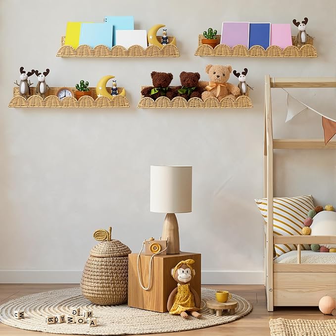Pinkunn 4 Pcs Nursery Book Shelves 23.6 Inch Rattan Scalloped Floating Bookshelves Wicker Boho Book Shelf for Wall Mounted De