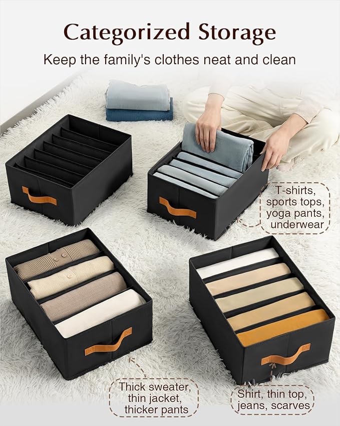Homsorout Clothes Organizers and Storage - 4/5/7 Grids Fabric Jeans Organizer with Handles, Foldable Closet Organizers Divide