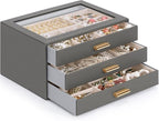 AKOZLIN Jewelry Box with Clear Lid Functional Leather Jewelry Storage Organizer Case 3 Drawers for Women Girls Necklace Ring 