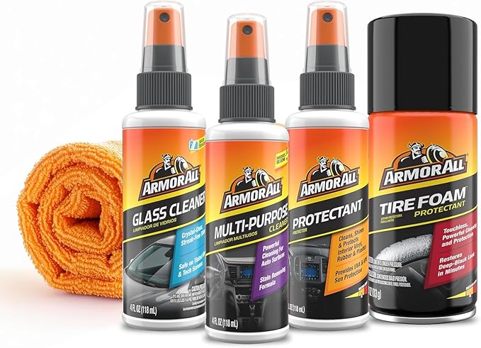 Armor All Car Wash and Car Interior Cleaner Kit, Includes Towel, Tire Foam, Glass Spray, Protectant Spray and Cleaning Spray,