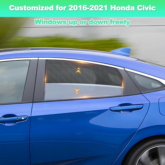 Car Window Shades for 2016-2021 Civic - Rear Side Window Sun Shade for Baby, Breathable Mesh Car Privacy Window Covers, UV Protection & Heat Insulation for Road Trips, Napping, Camping (2 PCS)