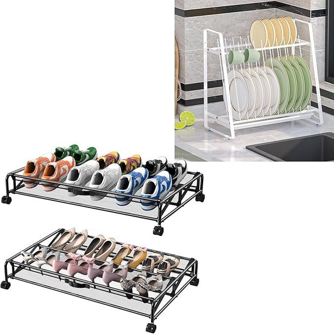 2 Pack Under Bed Shoes Storage + Plate Organizer
