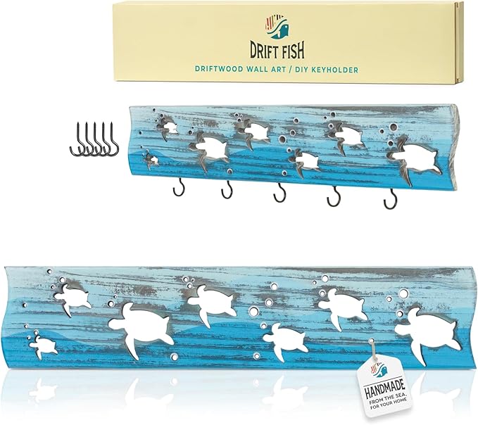 Sea Turtle Driftwood Wall Art & DIY Key Holder – Handmade Coastal Home Decor – 17.5" Genuine Weathered Wood Plank with 5 Remo