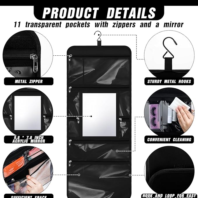 Hanging Toiletry Bag with Mirror for Men Women Travel Kit Large Foldable Beauty Dance Makeup Bag Organizer Storage Waterproof
