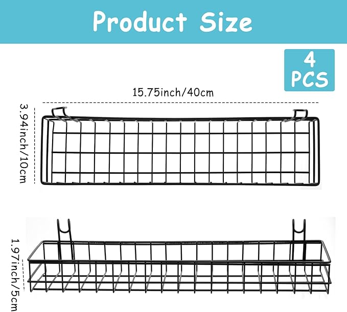 4 Pcs 15.75 x 3.94 x 1.97 Inch Black Metal Grid Wall Hanging Basket, Wire Storage Organizer Baskets with Hooks for Kitchen, B
