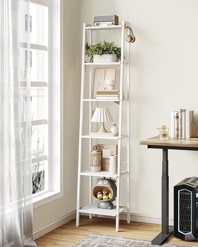 Hzuaneri Ladder Shelf, Bookshelf Bookcase, Freestanding Corner Storage Shelve with 2 Hooks for Home Office, Living Room, Kitc