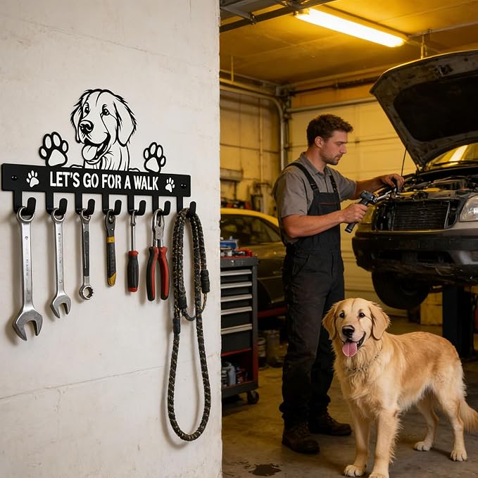 Golden Retriever Key Holder, Dog Leash Holder for Wall with 7 Hooks, Black Decorative Small Key Hanger for Entryway&Front Doo