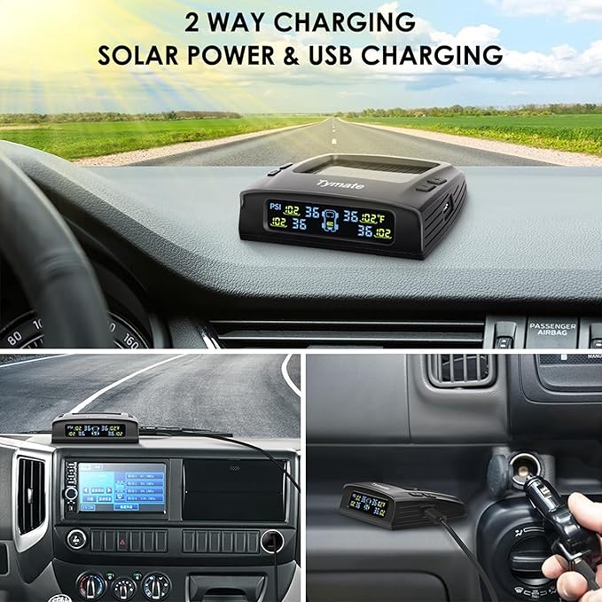 Tymate TM2 RV Tire Pressure Monitoring System, Tire Pressure Monitor with Solar Charge, TPMS with 4 Sensors(Max. 10) & 6 Alarm Modes, New Updated w/Color LCD Display, 0-87PSI for RV/Trailer/Truck/SUV