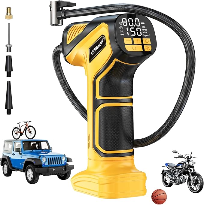 Tire Inflator Portable Air Compressor Compatible With Dewalt 20V Battery, LIVOWALNY 150PSI Air Pump Cordless Tire Pump Digital Pressure Gauge, Tire Inflator for Car, Bike, Motorcycle (No Battery)