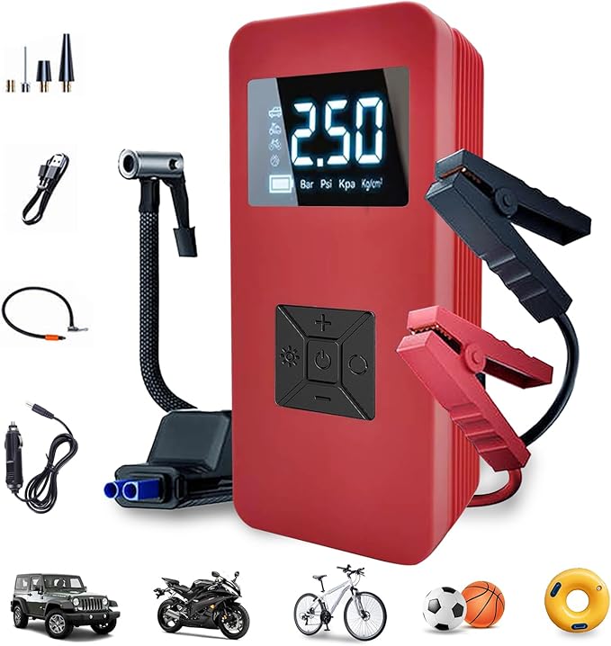 Jump Starter with Air Compressor, Portable Car Battery Jump Starter with 150PSI Digital Tire Inflator, 14.8V Jump Box for Women,Pink Car Battery Jumper with Jump Cables, Lights, LCD Display