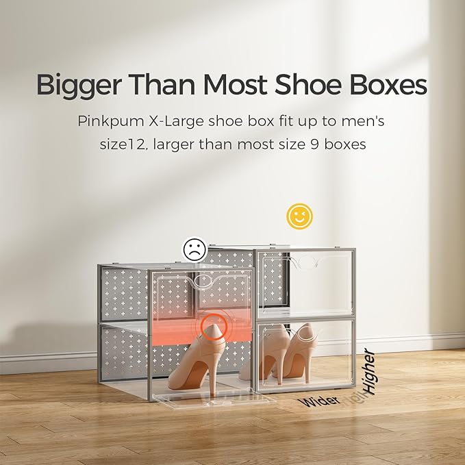 Pinkpum 18 Pack X-Large Shoe Storage Boxes Fit Size 12, Shoe Organizer for Closet Clear Plastic Stackable Shoe Dispaly Case H