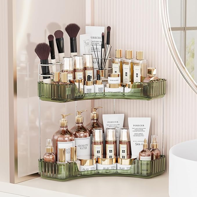 Asayuee 2-Tier Corner Bathroom Counter Organizer with Top Toothbrush Holders,Large Makeup Organizer Countertop with Brush Hol