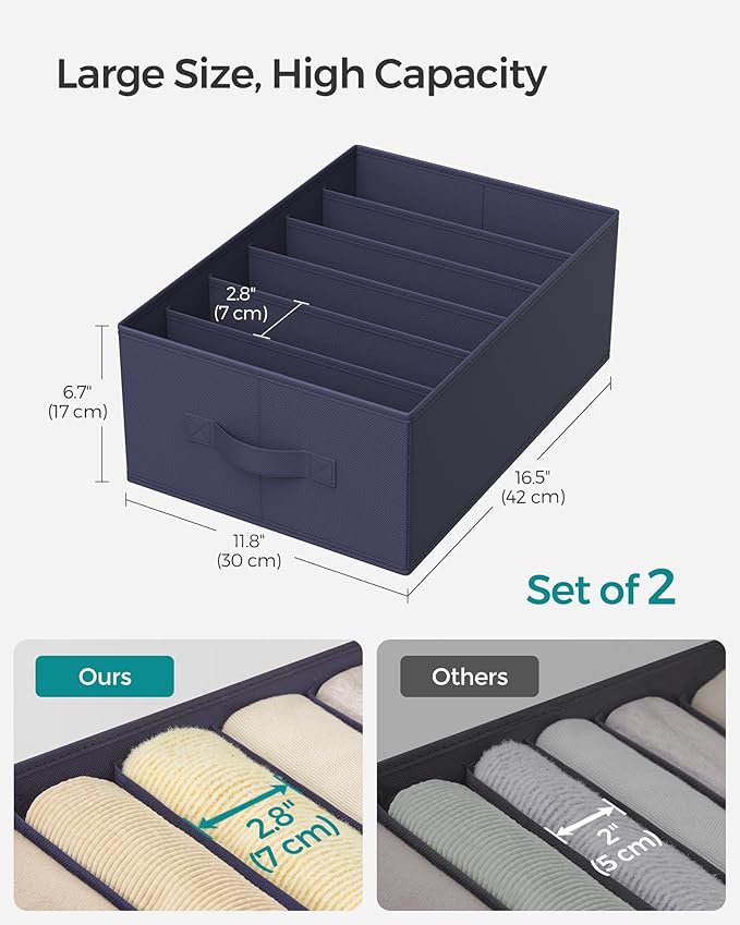 SONGMICS Set of 2 Large Size Wardrobe Clothes Organizers, 6-Compartment Foldable Drawer Organizers with Handles, 16.5 x 11.8 