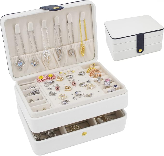 KOOAAICCHI Small Jewelry Box, Travel Jewelry Organizer, Portable Jewelry boxes for Women Girls Gift, Double Layers PU Leather