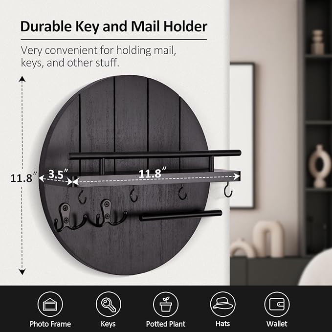 Nekon Rustic Key & Mail Organizer, Circular Wooden Key Hanger with 6 Hooks & Shelf - Wall Mount Entryway Hallway Kitchen (Bla