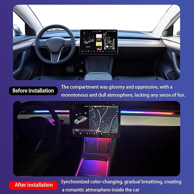 LED Car Ambient Lighting Strip for Tesla High Brightness with APP Control Multiple Colors and Car LED Strip Lighting Neon Lights for Model 3/Y (Dashboard& Center Console& 4 Floor Light)