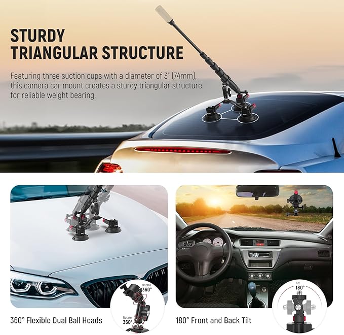 NEEWER Triple Suction Cup Car Mount Compatible with Insta360 X5 X4 GoPro DJI OSMO 360 Cameras, Quick Release Outside Windshield Magic Arm Mount Kit with 2 in 1 Extension Pole/Selfie Stick, CA065