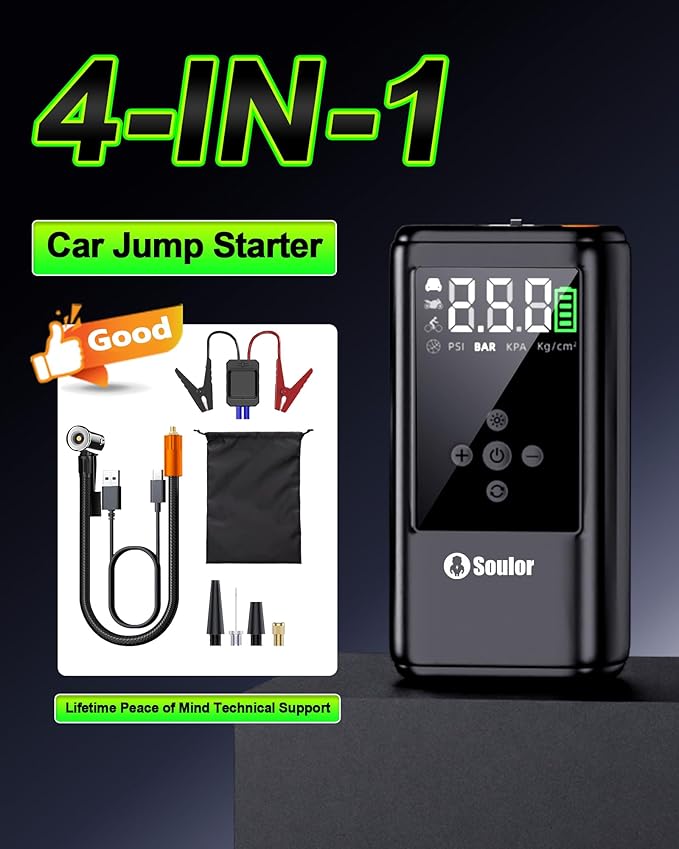 6000A Car Battery Jump Starter with 160 PSI Air Compressor, Battery Jumper Starter Tire Inflator Portable, Battery