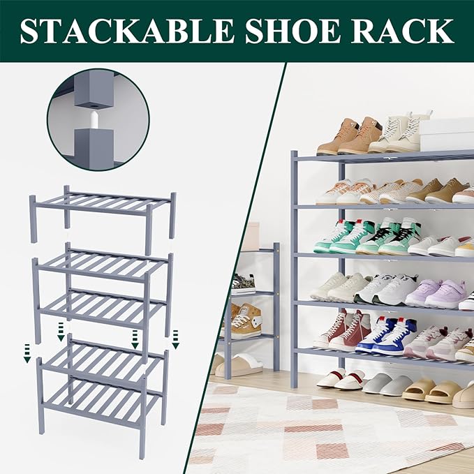 Smiry Shoe Rack, 3 Tier Long Bamboo Shoe Organizer, Stackable Free Standing Wooden Shoe Storage Shelf for Closet, Entryway, F