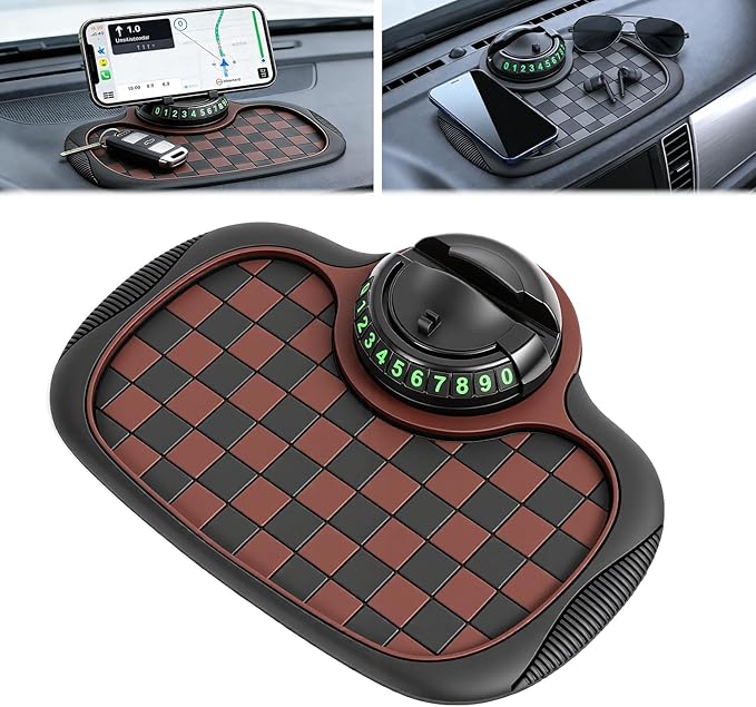 Multifunction Car Anti Slip Mat,360° Rotatable Phone Holder Dashboard Pad with Temporary Parking Number for Phone Sunglasses 