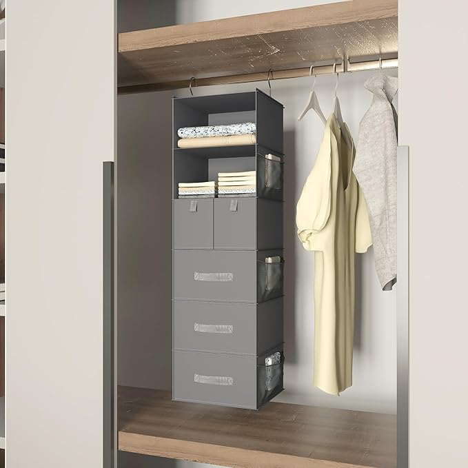 6-Shelves Hanging Closet Organizer with 5 Different Drawers, Foldable Closet Organizers and Storage for Wardrobe, Closet& RV,
