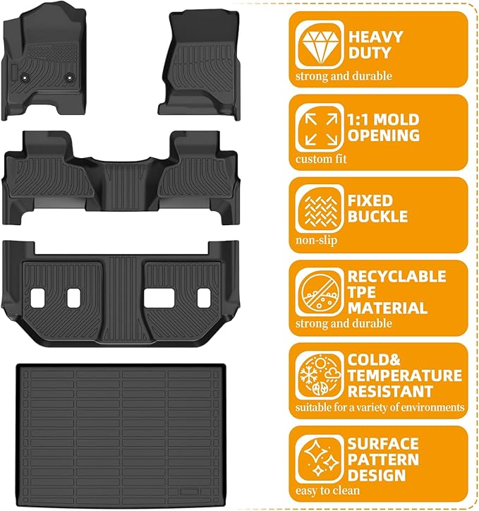 Floor Mats for Chevy Suburban 2015 2016 2017 2018 2019 2020, for GMC Yukon XL(with 2nd Row Bench), 1st & 2nd Rows &Cargo Mat, TPE Non-Slip Waterproof Summer Winter Chevrolet Suburban Car Accessories