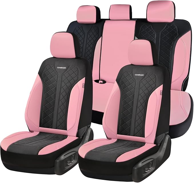 Coverado Automotive Seat Covers Full Set, Luxury Car Seat Covers, Leather Seat Covers, Mesh Design, Pink Driver Seat Protecto