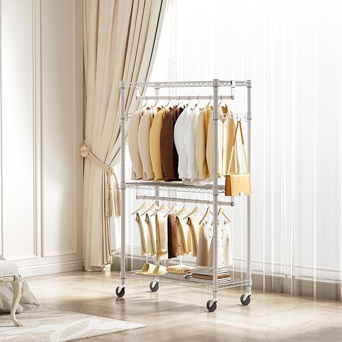 M MZG Heavy Duty Rolling Garment Rack 3 Tiers Adjustable Wire Shelving Clothes Rack with 2 Rods and Side Hooks,Storage Closet